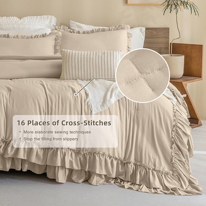 Farmhouse King Size Comforter Set,Shabby Boho Chic Bedding Ruffled Linen Feel Textured King Bed Comforter Vintage Rustic French Country Bedding Sets 3 Pieces - LeafyLoom