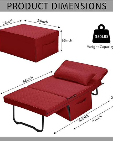 Sofa Bed, 4 in 1 Multi-Function Folding Ottoman Breathable Linen Couch Bed with Adjustable Backrest Modern Convertible Chair for Living Room Apartment Office,Squared-Linen Red - LeafyLoom
