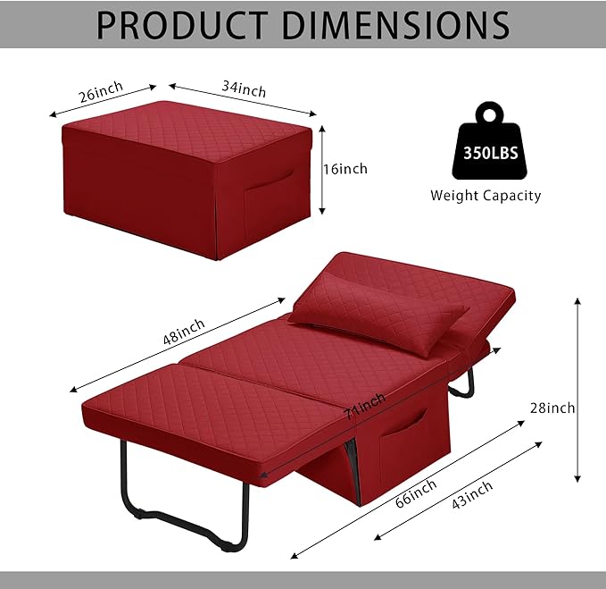 Sofa Bed, 4 in 1 Multi-Function Folding Ottoman Breathable Linen Couch Bed with Adjustable Backrest Modern Convertible Chair for Living Room Apartment Office,Squared-Linen Red - LeafyLoom