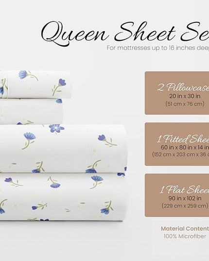 Linen Market 4 Piece Queen Sheet Set (Light Blue Floral) - Sleep Better Than Ever with These Ultra-Soft & Cooling Bed Sheets for Your Queen Size Bed - Deep Pocket Fits 16" Mattress - LeafyLoom