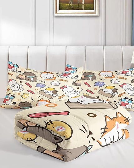 Kawaii Cat Comforter King,Kawaii Animals Comforter Set for Kids Teens Girls,3Pcs Bedding Set Printed Comforter with 2 Pillowcases,Down Alternative,Soft and Lightweight，King Size - LeafyLoom
