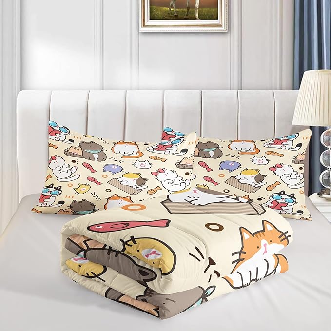 Kawaii Cat Comforter King,Kawaii Animals Comforter Set for Kids Teens Girls,3Pcs Bedding Set Printed Comforter with 2 Pillowcases,Down Alternative,Soft and Lightweight，King Size - LeafyLoom