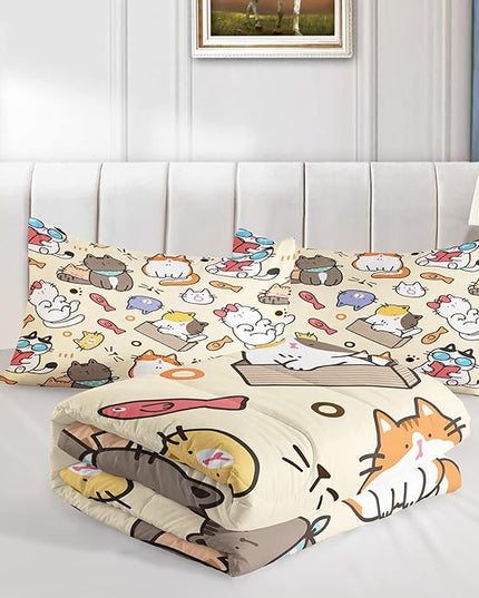 Kawaii Cat Comforter Twin,Kawaii Animals Comforter Set for Kids Teens Girls,3Pcs Bedding Set Printed Comforter with 2 Pillowcases,Down Alternative,Soft and Lightweight，Twin Size - LeafyLoom