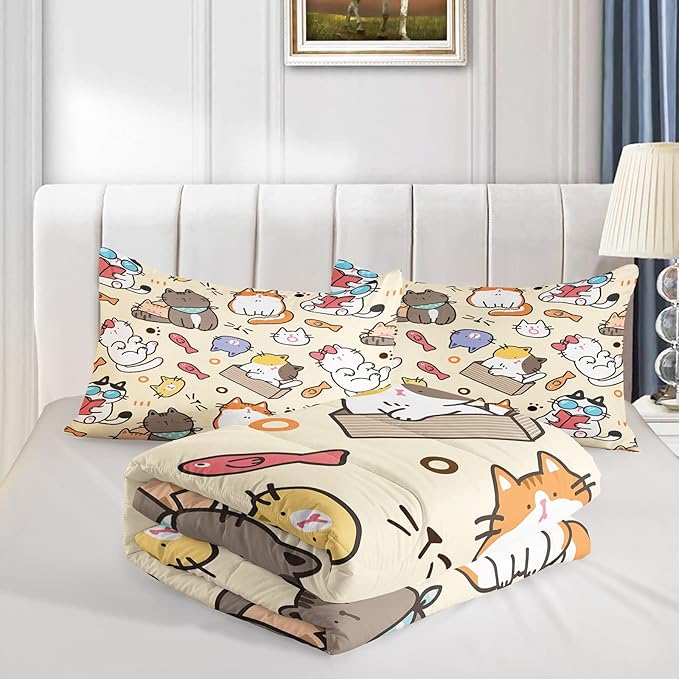 Kawaii Cat Comforter Queen,Kawaii Animals Comforter Set for Kids Teens Girls,3Pcs Bedding Set Printed Comforter with 2 Pillowcases,Down Alternative,Soft and Lightweight，Queen Size - LeafyLoom