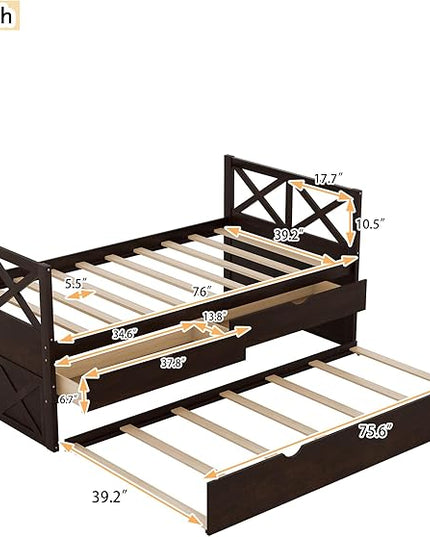 Twin Daybed with Storage Drawers and Trundle Bed, Wood Twin Size Captain’s Bed Frame for Bedroom Living Room Guest Room, Espresso - LeafyLoom