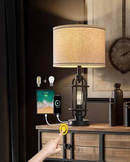 Industrial Black Metal Table Lamps Living Room 23.75'' Lamp for Nightstand Single Bedside End Lamp Home Decor Touch Lamp Modern Lamps with USB Ports - LeafyLoom