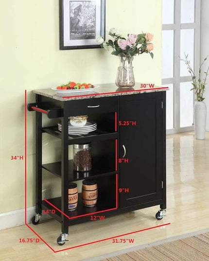 King's Brand Furniture-Black Wood & Marble Finish Top Kitchen Storage Cabinet Cart - LeafyLoom