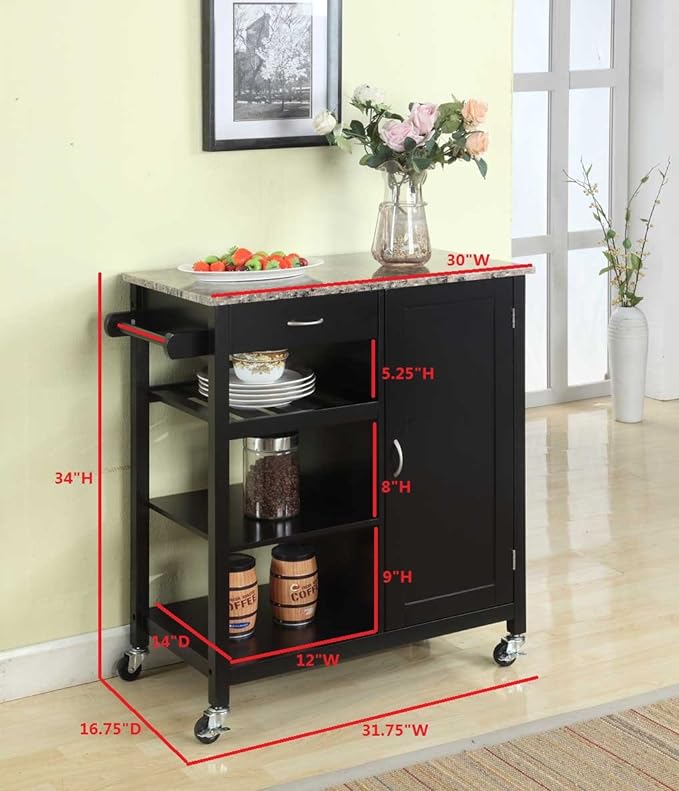 King's Brand Furniture-Black Wood & Marble Finish Top Kitchen Storage Cabinet Cart - LeafyLoom