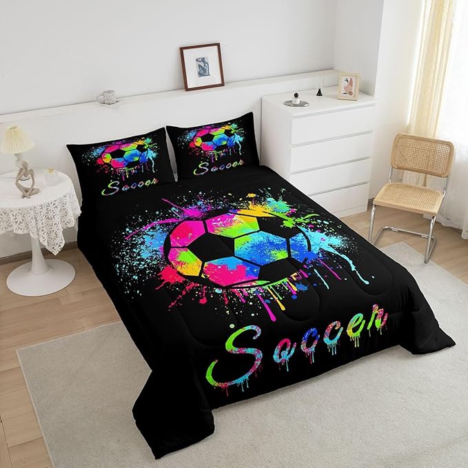 Feelyou Kids Soccer Ball Game Comforter Set King Size Football Bedding Set for Boys Girls Teens Bedroom Decor Rugby Sports Comforter American Football Player Duvet Set with 2 Pillow Case - LeafyLoom