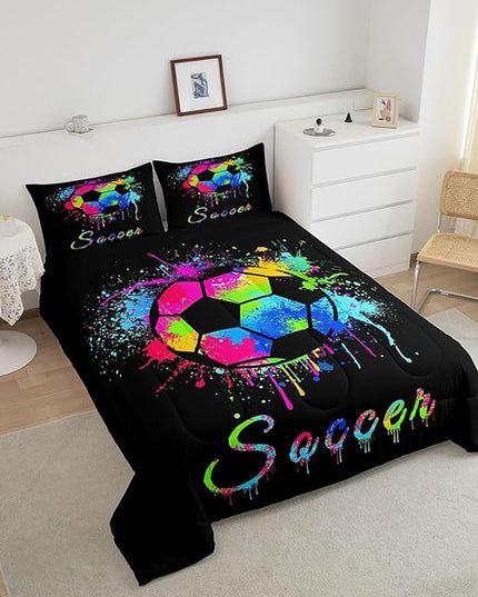 Kids Soccer Ball Game Comforter Set Full Size Football Bedding Set for Boys Girls Teens Bedroom Decor Rugby Sports Comforter American Football Player Duvet Set with 2 Pillow Case - LeafyLoom