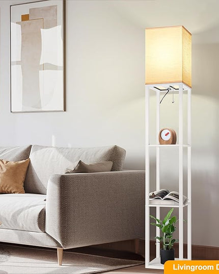 Floor Lamp with Shelves for Living Room White, Shelf Floor Lamp with 3 CCT LED Bulb, Corner Display Standing Column Lamp Etagere Organizer Tower Nightstand with White Linen Shade for Bedroom, Office - LeafyLoom