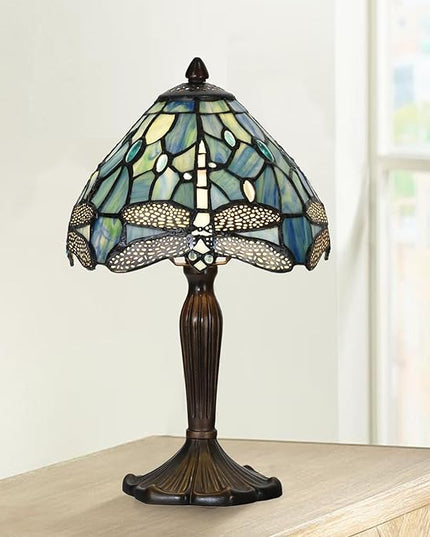 Tiffany Lamp Sea Blue Stained Glass Dragonfly Style Desk Reading Light for Small Space Bedside Bedroom Home Office - LeafyLoom