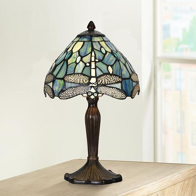Tiffany Lamp Sea Blue Stained Glass Dragonfly Style Desk Reading Light for Small Space Bedside Bedroom Home Office - LeafyLoom