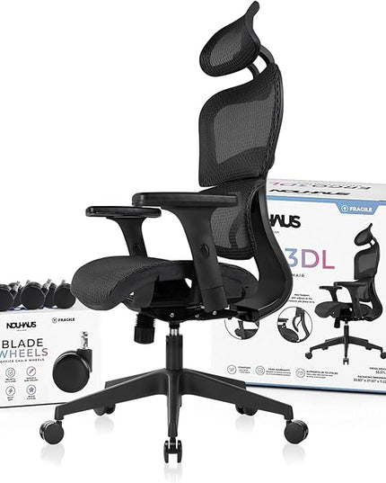 Nochaus Ergo3dL home office desk chairs ergonomic office chair High-Back Mesh Rolling Work Chairs with Wheels and Adjustable Headrests Comfortable Lumbar Support Adjustable Armrests - LeafyLoom