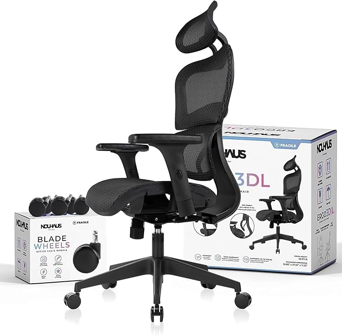 Nochaus Ergo3dL home office desk chairs ergonomic office chair High-Back Mesh Rolling Work Chairs with Wheels and Adjustable Headrests Comfortable Lumbar Support Adjustable Armrests - LeafyLoom