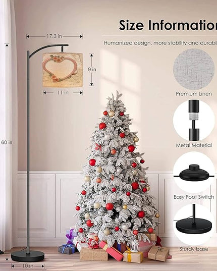 Modern Arc Floor Lamp with Dimmer Mid Century Vintage Old Postcards Heart Metal Standing Lamp with Linen Shade Footswitch for Living Room Bedroom Office - LeafyLoom