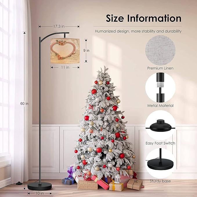 Modern Arc Floor Lamp with Dimmer Mid Century Vintage Old Postcards Heart Metal Standing Lamp with Linen Shade Footswitch for Living Room Bedroom Office - LeafyLoom