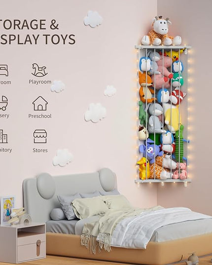 Stuffed Animal Storage Toy Organizer: Corner Stuff Animals Holder for Wall with LED Light - Kids Plush Toys Storage with Adjustable Length for Nursery Playroom Bedroom Kids Room(Gray) - LeafyLoom