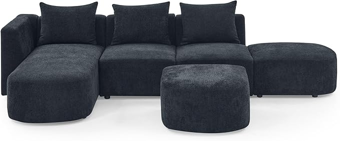 113" L-Shape Sectional Side Chaise and Ottoman, Modular Sofa, DIY Combination, Loop Yarn Fabric for Living Room, Apartment, 113inch, Black Left - LeafyLoom