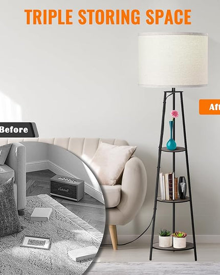 Floor Lamp, 3-Tier Round Corner Shelf Floor Lamp with 3 Dimmable Levels - Simple Standing Lamp with White Fabric Shade, Tall Modern Floor Lamps with Shelves for Bedroom, Living Room and Office - LeafyLoom