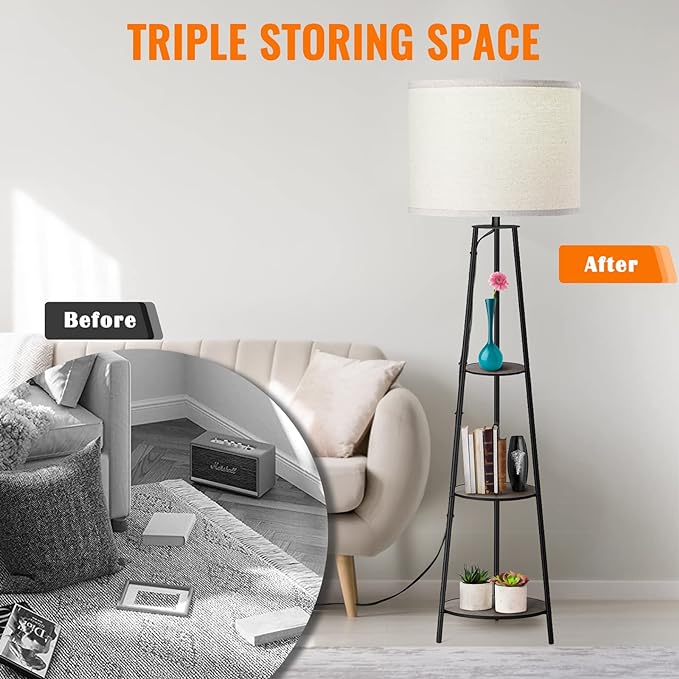 Floor Lamp, 3-Tier Round Corner Shelf Floor Lamp with 3 Dimmable Levels - Simple Standing Lamp with White Fabric Shade, Tall Modern Floor Lamps with Shelves for Bedroom, Living Room and Office - LeafyLoom