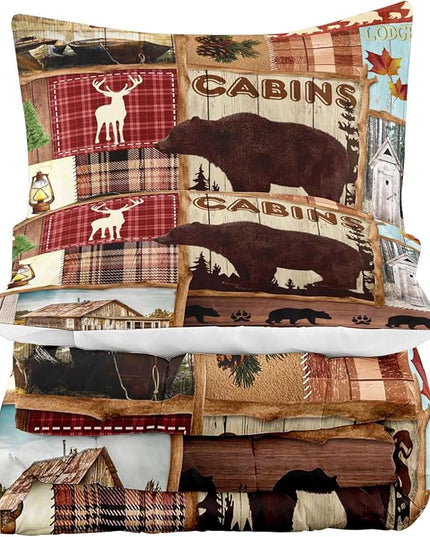 LUVIVIHOME 3PCS Deer Bear Cabin Comforter Set, Full Size Comforter, Elk Moose Forest Animal Wildlife Hunting Hunter Buffalo Plaid Patchwork Quilt Country Lodge Rustic Farmhouse Bedding, 2 Pillow Shams - LeafyLoom