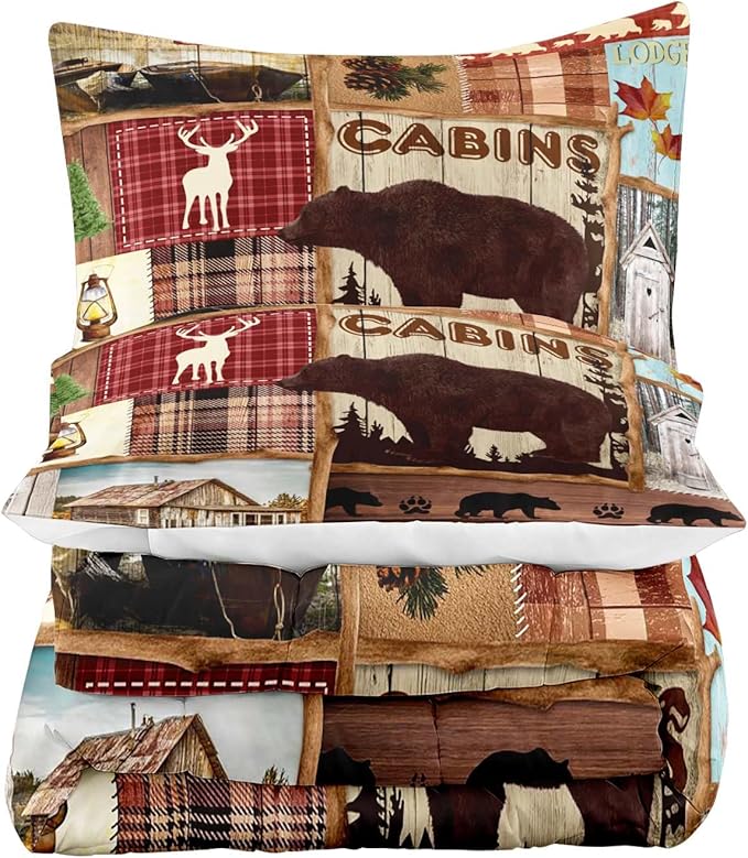 LUVIVIHOME 3PCS Rustic Cabin Comforter Set Queen, Lodge Bedding, Elk Moose Deer Bear Forest Woodland Animals Wildlife Hunting Country Farmhouse Red Buffalo Plaid Patchwork Quilt, 2 Pillow Shams - LeafyLoom