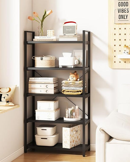 Tall Bookshelf with Large Storage,5 Tier Bookcase in Bedroom,Living Room and Office,Modern Wide Bookcase Shelf for Storing Books/Plants,Black - LeafyLoom