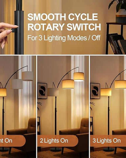 OUTON Arc Led Floor Lamp, Modern Black 3 Light Tall Floor Lamp for Bedroom, 2400lm Mid Century Adjustable Standing Corner Lamps for Living Room Office, 3 LED Bulbs Included, White Lampshade - LeafyLoom