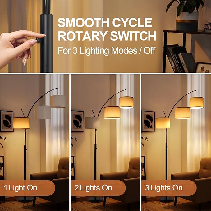 OUTON Arc Led Floor Lamp, Modern Black 3 Light Tall Floor Lamp for Bedroom, 2400lm Mid Century Adjustable Standing Corner Lamps for Living Room Office, 3 LED Bulbs Included, White Lampshade - LeafyLoom