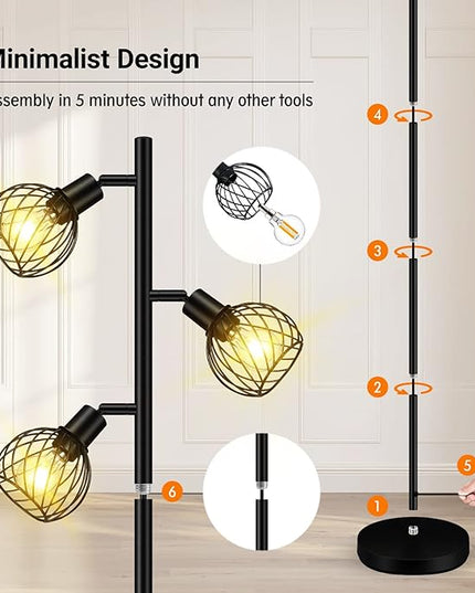 Floor Lamp, Industrial Floor Lamp, Modern Standing lamp with 3 Adjustable Light, 4W E12 LED Bulbs, Metal Stand Up Lamps, Vintage Farmhouse Tree Floor Lamps for Living Room/Bedroom/Office, Black - LeafyLoom