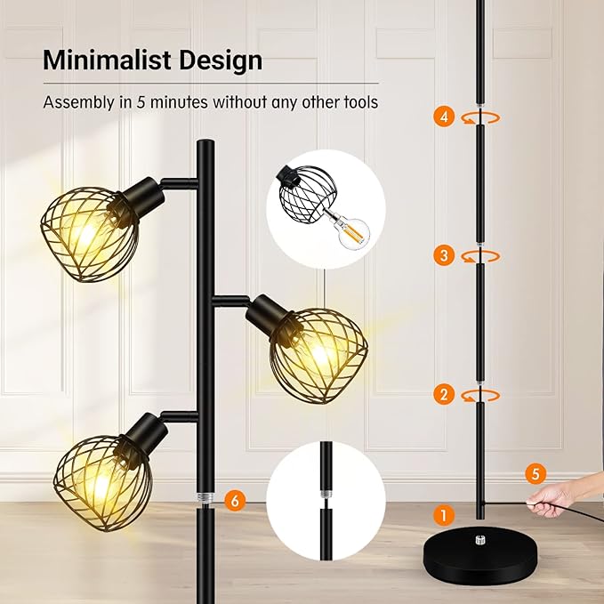 Floor Lamp, Industrial Floor Lamp, Modern Standing lamp with 3 Adjustable Light, 4W E12 LED Bulbs, Metal Stand Up Lamps, Vintage Farmhouse Tree Floor Lamps for Living Room/Bedroom/Office, Black - LeafyLoom