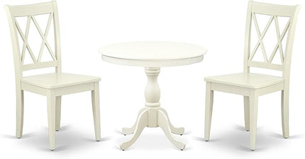 East West Furniture Antique 3 Piece Room Set Contains a Round Kitchen Table with Pedestal and 2 Dining Chairs, 36x36 Inch, AMCL3-LWH-W - LeafyLoom
