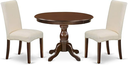 East West Furniture HBDR3-MAH-01 Hartland 3 Piece Room Furniture Set Contains a Round Dining Table with Pedestal and 2 Cream Linen Fabric Upholstered Parson Chairs, 42x42 Inch - LeafyLoom