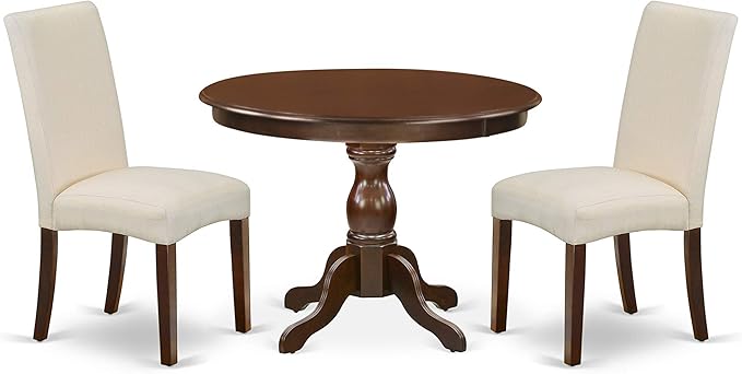 East West Furniture HBDR3-MAH-01 Hartland 3 Piece Room Furniture Set Contains a Round Dining Table with Pedestal and 2 Cream Linen Fabric Upholstered Parson Chairs, 42x42 Inch - LeafyLoom