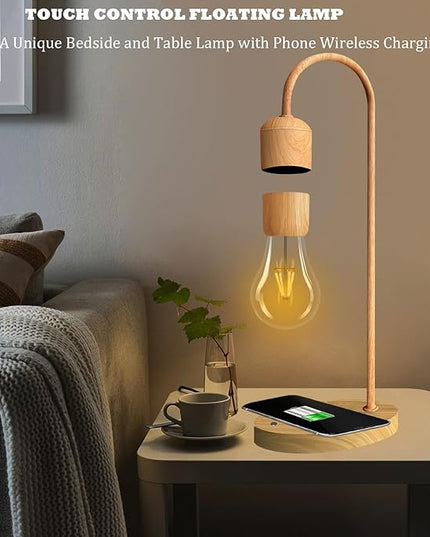 Magnetic Levitating Lamp with Wireless Phone Charging Pad Floating Light Bulb LED Night Light Wood Grain Table Lamp Levitation Desk Lamp for Office Home Decoration Christmas Gift - LeafyLoom