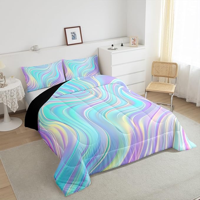 Pastel Rainbow Comforter Set with Pillowcase Abstract Wave Stripes 3D Printed Designs 2 Piece Bedroom Duvet Set Psychedelic Girl Bed Down Comforter for Kids Women Dorm Room (Twin,Coulourful Marble) - LeafyLoom