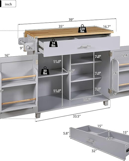 Kitchen Island with Storage, Rolling Table on Wheels w/Divider, Internal Canibet Rack, Adjustable Shelf Tower Rack for Dinning Room, Rubber Wood Contertop - LeafyLoom