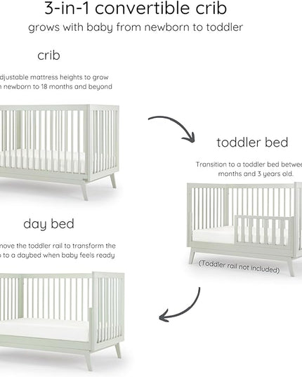 dadada Baby Soho 3-in-1 Convertible Crib to Toddler Bed – Wooden Crib Made in Italy, GREENGUARD Gold Certified Small Baby Crib – Baby-Safe Finish, Modern Design (Sage) - LeafyLoom