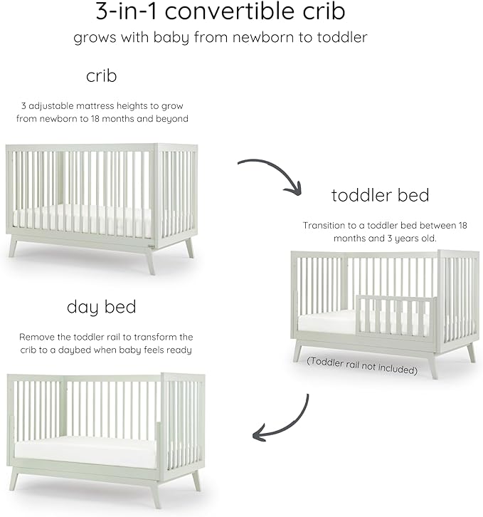 dadada Baby Soho 3-in-1 Convertible Crib to Toddler Bed – Wooden Crib Made in Italy, GREENGUARD Gold Certified Small Baby Crib – Baby-Safe Finish, Modern Design (Sage) - LeafyLoom