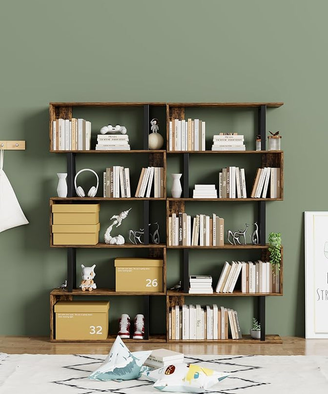 Gadroad 5-Tier Geometric Bookcase,S Shaped Bookshelf, Wood Decorative Storage Shelving, Modern Freestanding Display Shelves, Tall Book Shelf Unit for Living Room Bedroom, Rustic Brown - LeafyLoom