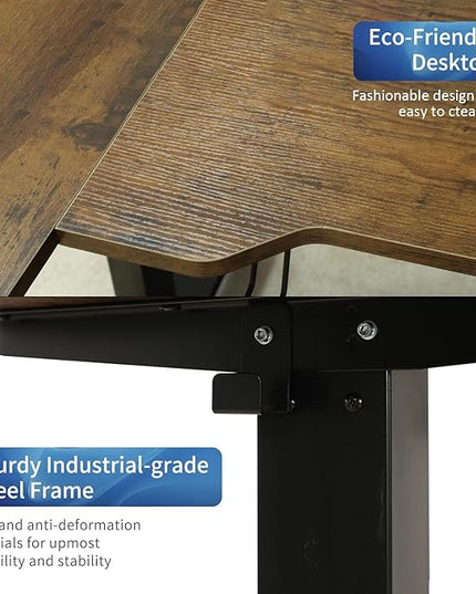 Adjustable Height L-Shaped Electric 59 Inch Sit-Stand Computer Desk with 3 Splice Boards, Lockable Casters-Ideal for Home Office, 59Inch, Rustic Brown - LeafyLoom