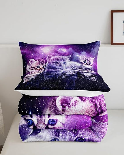 Cat Comforter Cute Pet Cats Pattern Bedding Set Outer Space Kawaii Kitten Comforter Set for Children Kids Boys Girls Cartoon 3D Animal Theme Galaxy Duvet Set Purple Room Decor Quilt Set King Size - LeafyLoom