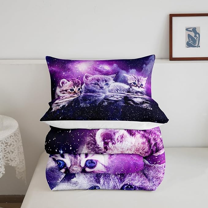 Cat Comforter Cute Pet Cats Pattern Bedding Set Outer Space Kawaii Kitten Comforter Set for Children Kids Boys Girls Cartoon 3D Animal Theme Galaxy Duvet Set Purple Room Decor Quilt Set King Size - LeafyLoom