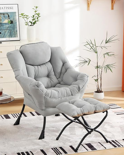 Cozy Lazy Chair and Ottoman, Large Contemporary Accent Lounge Chair Set, Leisure Upholstered Reading Armchair for Bedroom, Living Room, Dorm Rooms, Office - LeafyLoom