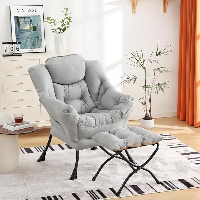 Cozy Lazy Chair and Ottoman, Large Contemporary Accent Lounge Chair Set, Leisure Upholstered Reading Armchair for Bedroom, Living Room, Dorm Rooms, Office - LeafyLoom