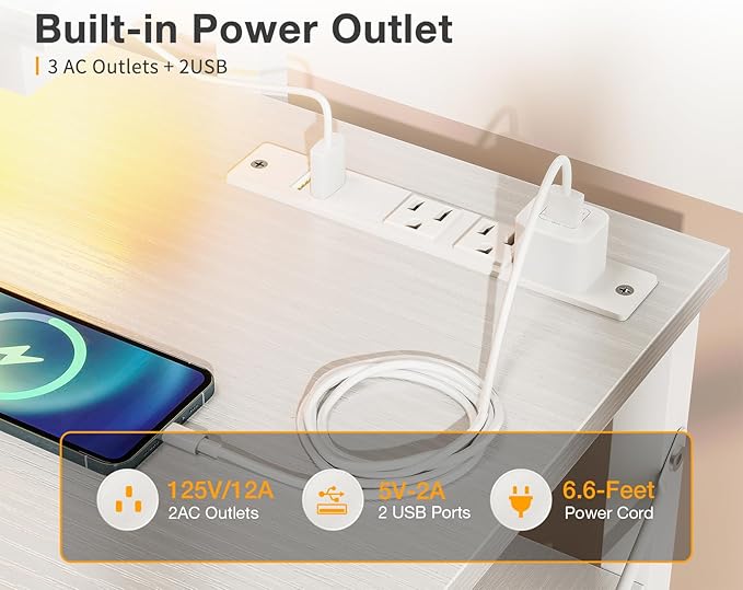 MOTPK White Desk with Led Lights & Power Outlet, 47 Inch Computer Desk with Shelves, Reversible Kids Desk with Adjustable Monitor Stand & Headphone Hook, Work Desk for Home Office - LeafyLoom