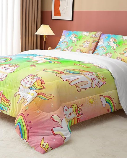 Datura home Kids Unicorn Comforter Set for Girls Boys,Kawaii Rainbow Unicorn Printed Pattern Rainbow Kawaii Bedding Set with 2 Pillowcases(Rainbow Unicorn Queen) - LeafyLoom