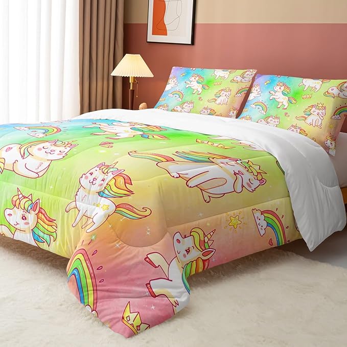 Datura home Kids Unicorn Comforter Set for Girls Boys,Kawaii Rainbow Unicorn Printed Pattern Rainbow Kawaii Bedding Set with 2 Pillowcases(Rainbow Unicorn Twin) - LeafyLoom