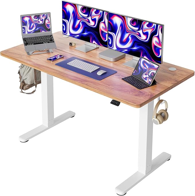 Cubiker 55 x 24 Inch Standing Desk, Stand up Height Adjustable Home Office Electric Table, Sit Stand Desk with Splice Board, White Frame & Light Rustic Brown Desktop - LeafyLoom